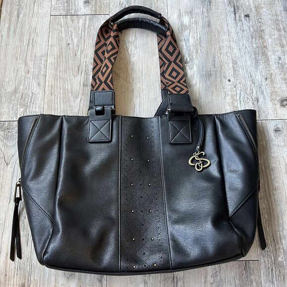 Jessica Simpson Tote Bag Leather Black Large Shoulder Bag Charm Brown - Picture 1 of 15